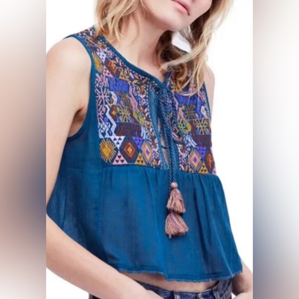 Free People Teal Embroidered Tassel Crop Top